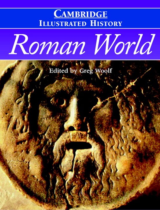 Boekomslag van Cambridge Illustrated History Roman World, met een close-up van een oud Romeins masker.