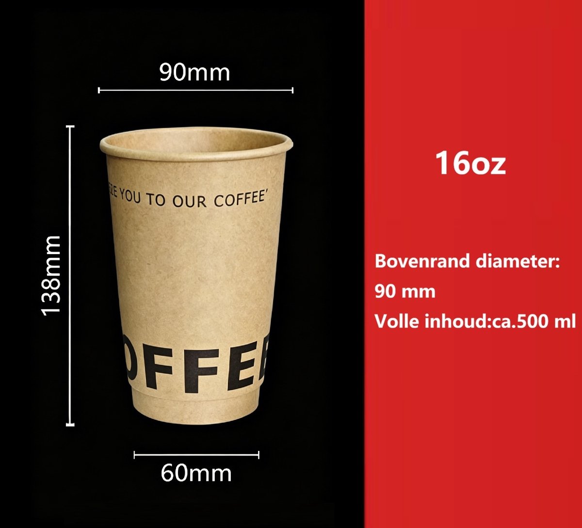 ATXANC Dubbelwandige Koffiebekers van Papier 16 oz (500 ml) – 100 Stuks – Ø90 mm – Geïsoleerde Wegwerp Bekers voor Warme Dranken, Koffie en Thee