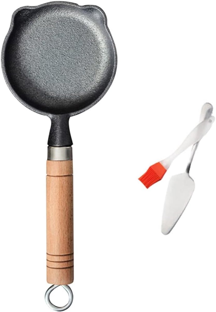 Mini Koekenpan - Gietijzeren Wok - Ontbijt Maken - Inclusief Schep Borstel - 10 cm Diameter - Zwart