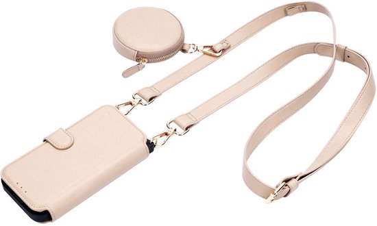 Beige telefoonhoesje met koord, ronde mini-portemonnee en gouden hardware.