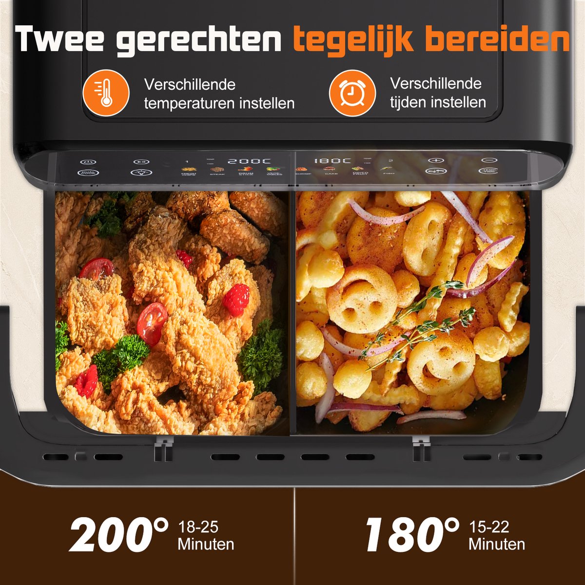Fukstern Airfryer XXL 11L – Grote Airfryer met Flexibele Basket, Uitneembare Scheidingswand & Kijkvenster – Touchscreen – Onafhankelijke Temperatuurregeling – 2600W – 8 Programma's – PFAS-vrije Metalen Anti-aanbakmand – Zilver thumbnail 4
