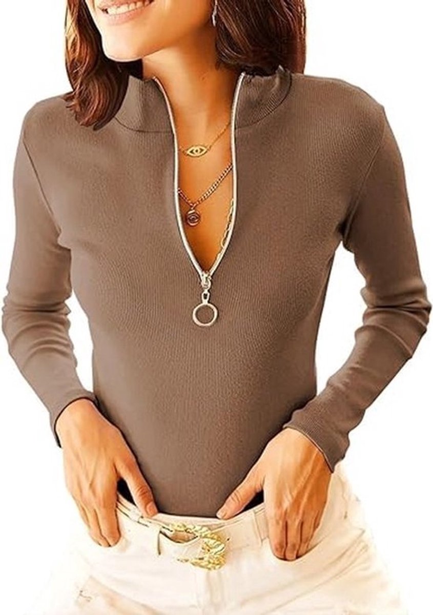 Slim fit shirt dames met lange mouwen en V-hals gebreid Zwart