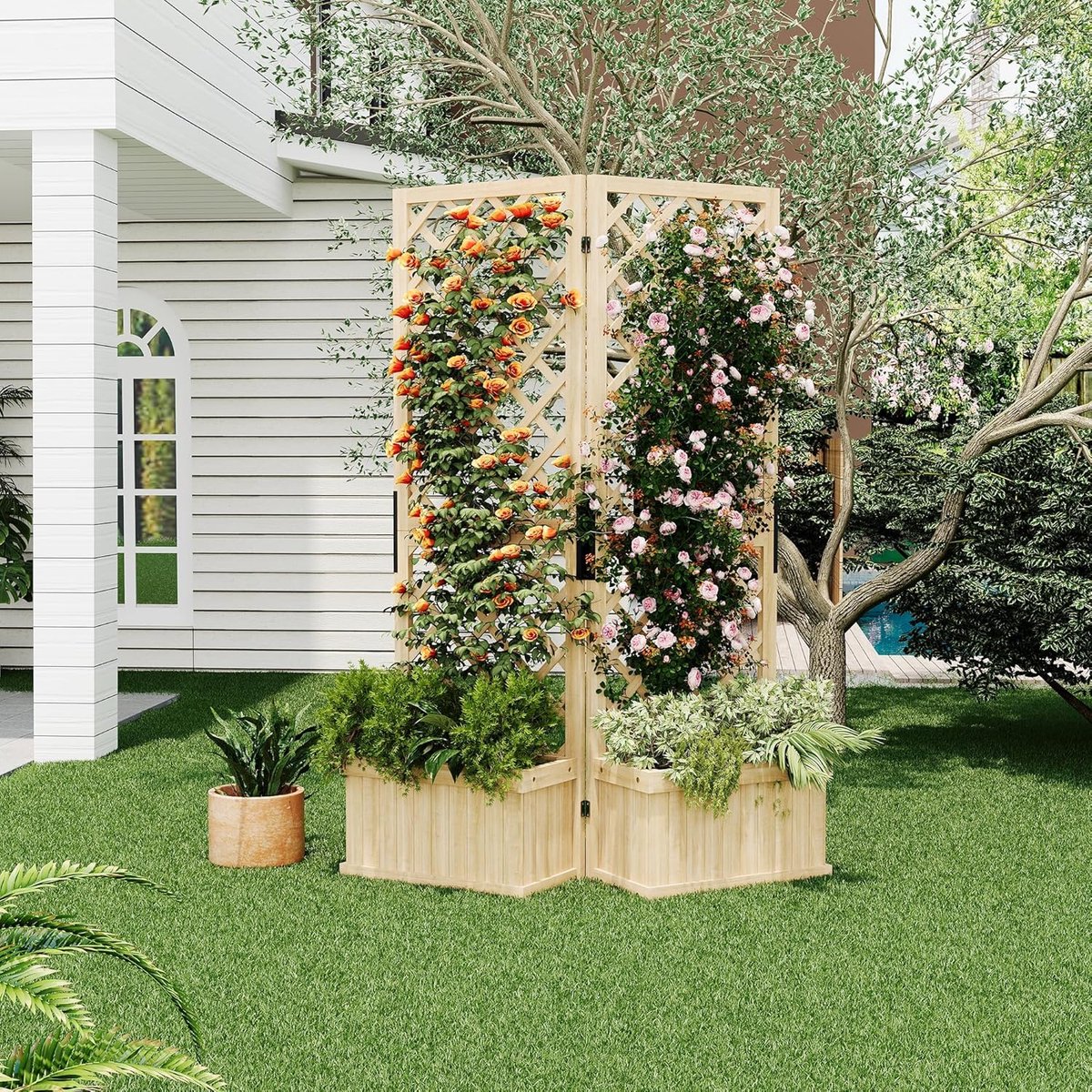 Houten Privacy Scherm met Plantenbakken - 3-Delig Paravent van Cederhout - 104 x 25 x 165 cm - Uitklapbaar Tuinscherm & Klimrek - Met Afwateringsgaten - Natuurlijk Windscherm voor Balkon, Terras en Tuin