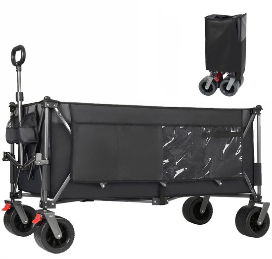 XXXL-opvouwbare bolderkar 300L 250kg belastbaar, 130cm uitgebreide opvouwbare bolderkar met extra brede 17x10 cm all-terrainwielen handwagen, gepatenteerd 4-richtingen direct opbouwsysteem transportwagen, zwart — afbeelding 5