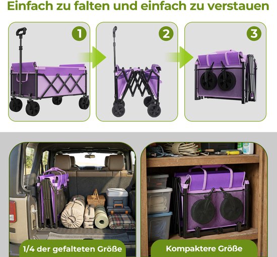 Mini-opvouwbare bolderkar klein 100 kg, opvouwbare handwagen, opvouwbare boodschappenkar, campingwagen met in hoogte verstelbare handgreep, lichtgewicht & ruimtebesparend & stabiel, paars van MINI — afbeelding 4