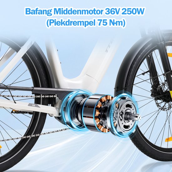 Elektrische Fiets TTGO Z5 - 250W MiddenMotor Stadsfiets - 36V18Ah Accu - 27.5 Inch Banden - Max Snelheid 25km/u - Max Bereik 110-130km - Shimano 9 Versnellingen - Wit — afbeelding 4