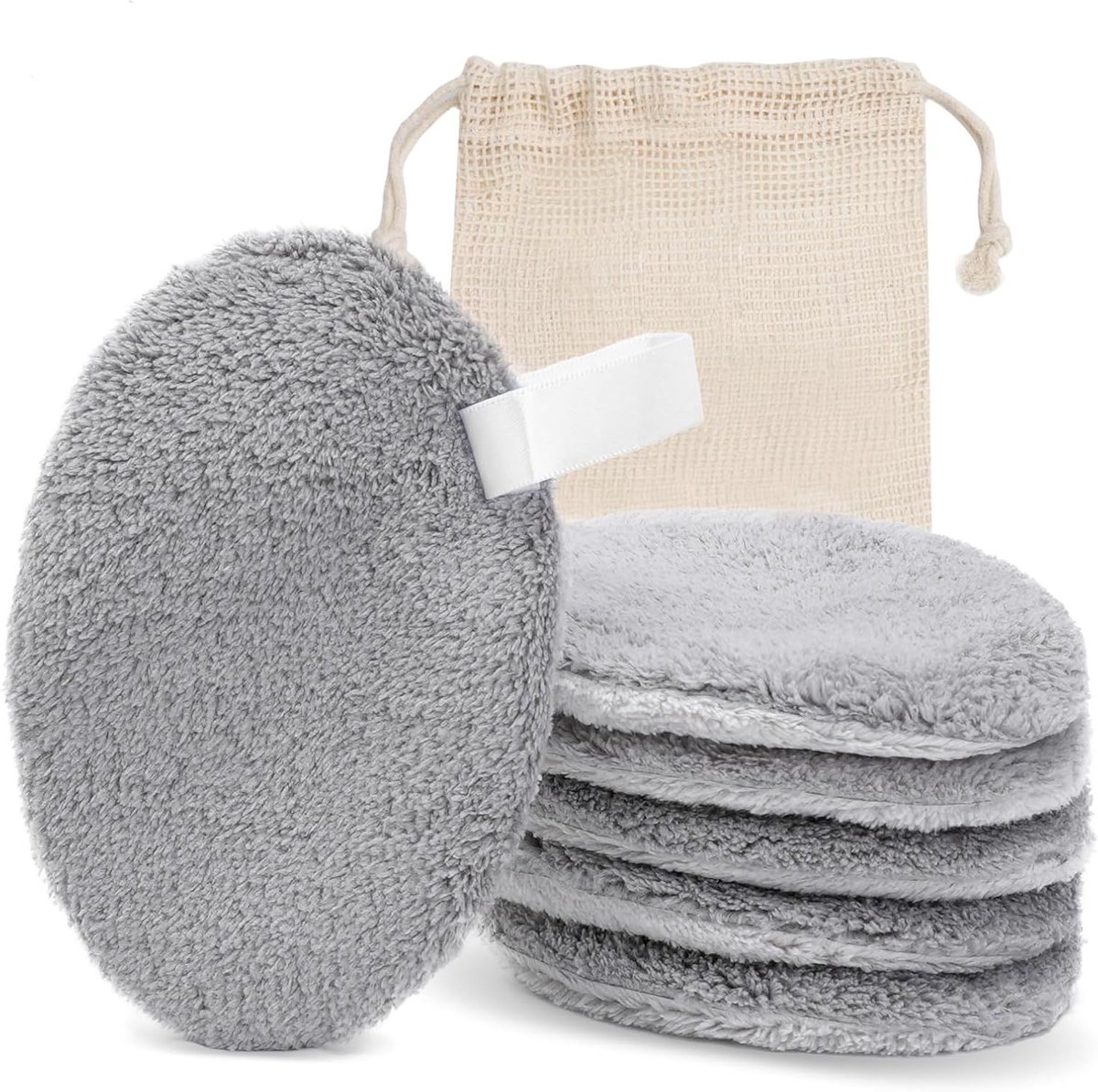 Herbruikbare Make-up Verwijder Pads - Wasbare Set van 6 met Waszak - Natuurlijke Vezels, Dubbelzijdig en Zacht voor Alle Huidtypes - Ovalen Grijs