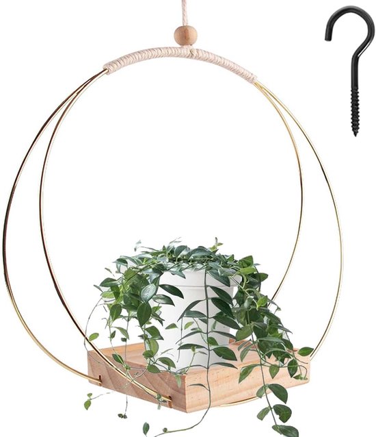 Hangende Macramé Plantenhanger met Houten Basis voor Binnen en Buiten, Perfect voor Vetplanten en Groene Planten Decoratie