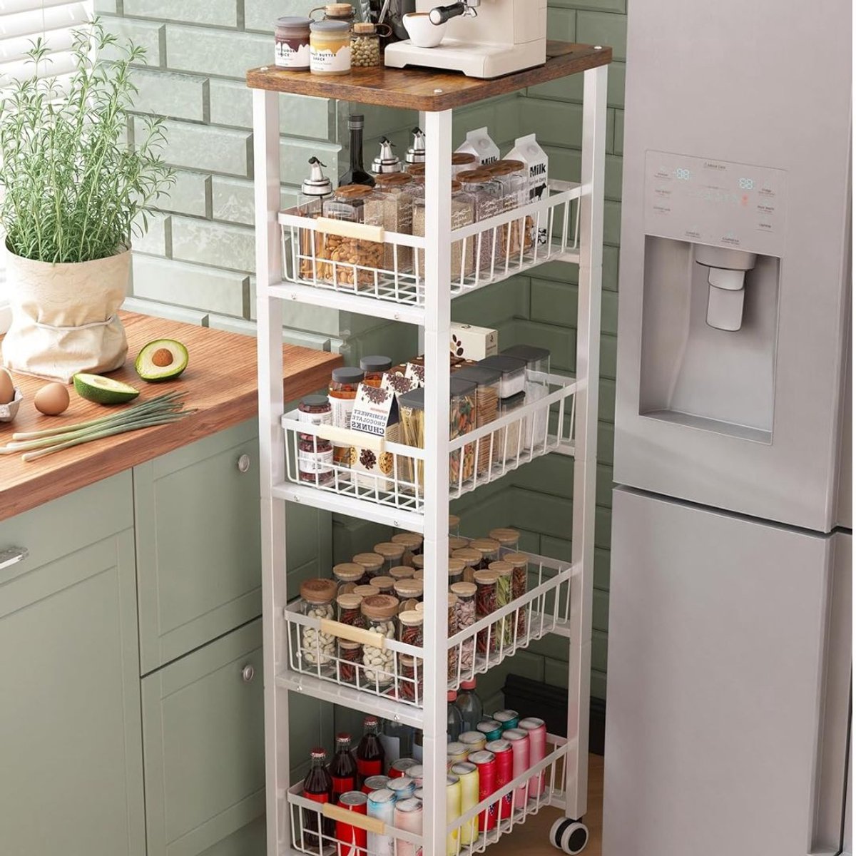 LNMsolutions® Keukentrolley - Keukentrolley Op Wieltjes - Badkamer Organizer - Wit - 39cm x 31cm x 107cm