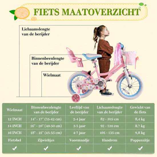 Vankel Meisjesfiets - 12/14/16 inch - Prinses Bloemendesign - Met Zijwieltjes, Roze Rieten Mand en Poppenzitje - Roze — afbeelding 5