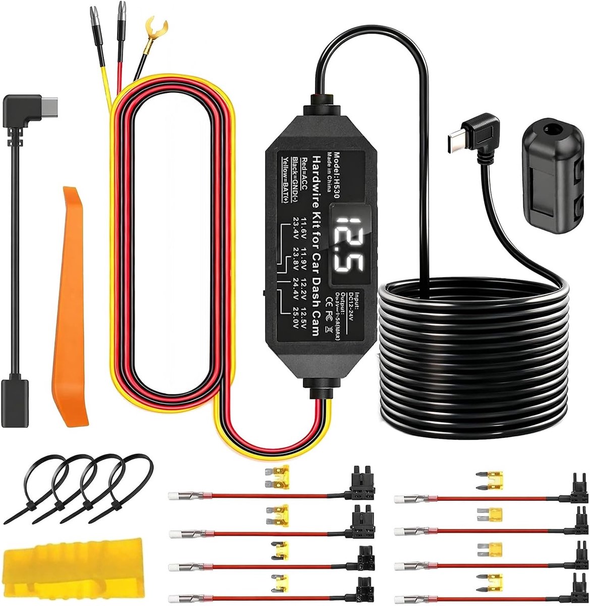 Dashcam Hardwire Kit - Zwart - 1 x 1 x 2 cm - USB-C Verbinding met 24-Uurs Parkeermodus - Voor Dashcams
