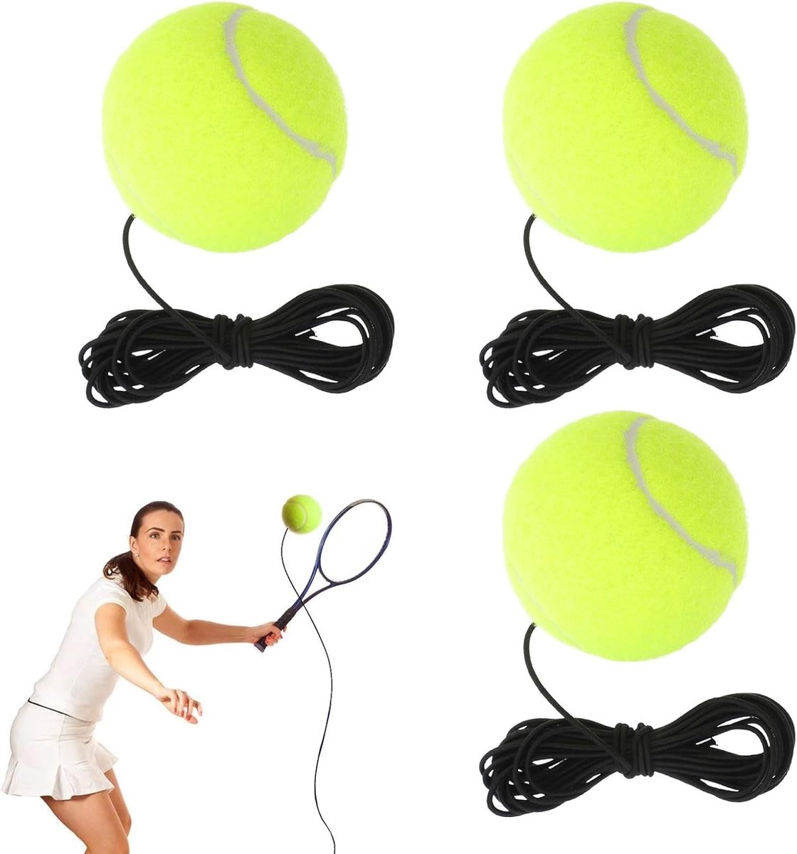 Tennisbal Set van 3 - Groen - 6 cm - Elastische Tennisballen met Koord - Voor Volwassenen en Beginners