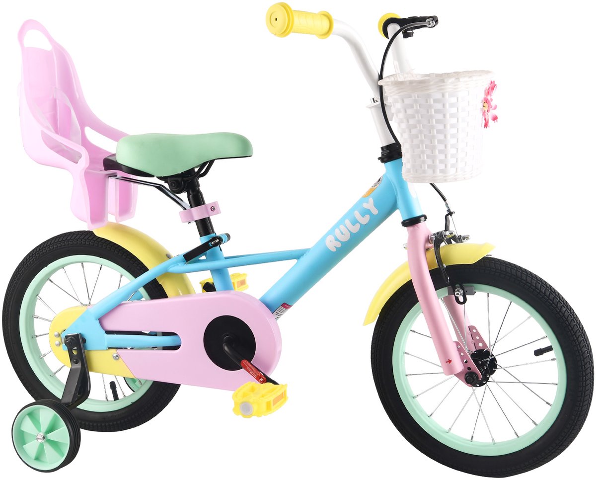 Rully Regenboog Kinderfiets - 12/14/16 inch - Voor Jongens en Meisjes - Met Zijwieltjes, Mand en Bel