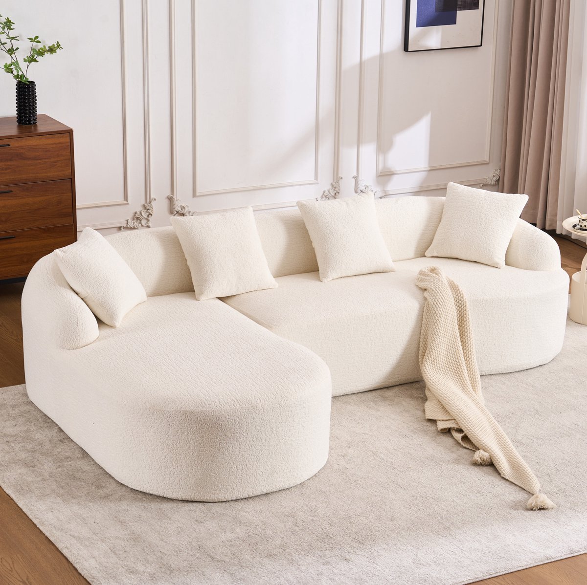 COVREO Hoekbank 243x150x67 cm wit chenille, links chaise longue