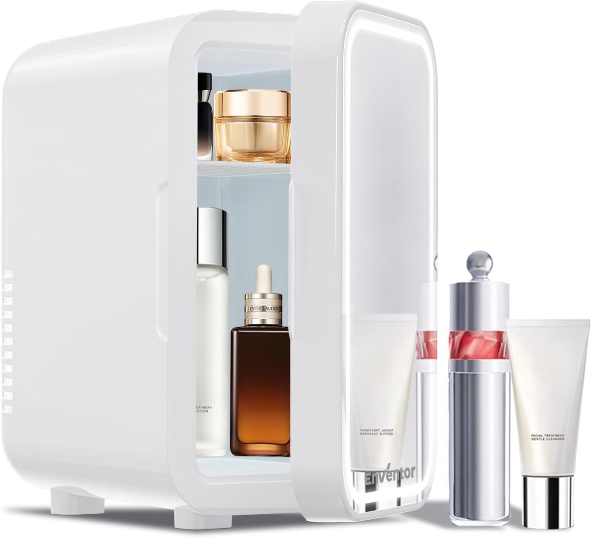 Mini-Koelkast 6L met Dimbare LED Spiegel - Koelen & Verwarmen - AC/12V DC - Voor Slaapkamer, Auto & Skincare - Wit