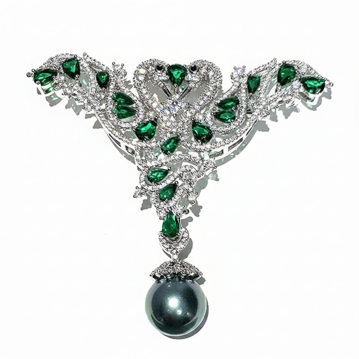 Luxe Dames Broche met Groene Zirkonia en Parel – Zilverkleurige Broche met Speldsluiting 7 x 8 cm