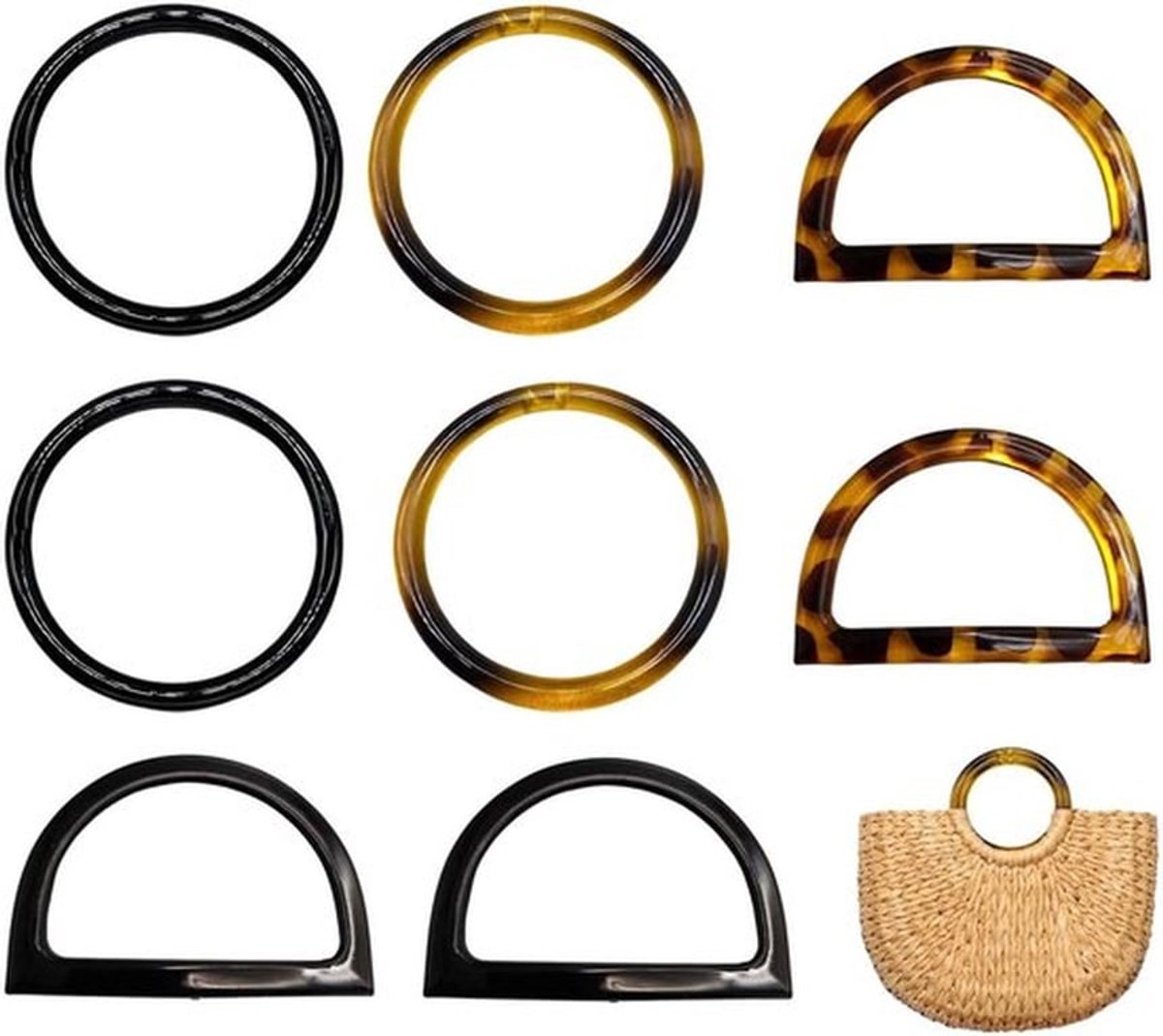 Handvatten voor tassen - set van 8 stuks - zwarte & amber - ronde en D-vormige - tasaccessoires voor DIY handtassen, strandtassen, schoudertassen en haaktassen