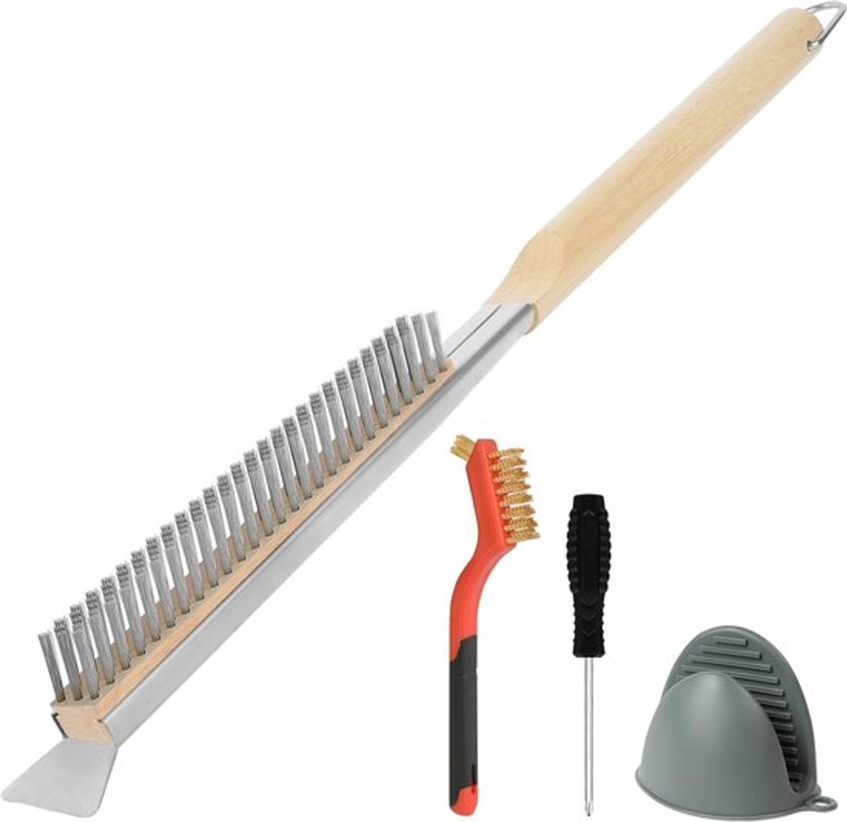 Pizzaoven Borstel met Schraper - 56 cm RVS Borstel - Houten Handvat BBQ Borstel voor Gasgrill, Houtskoolgrill