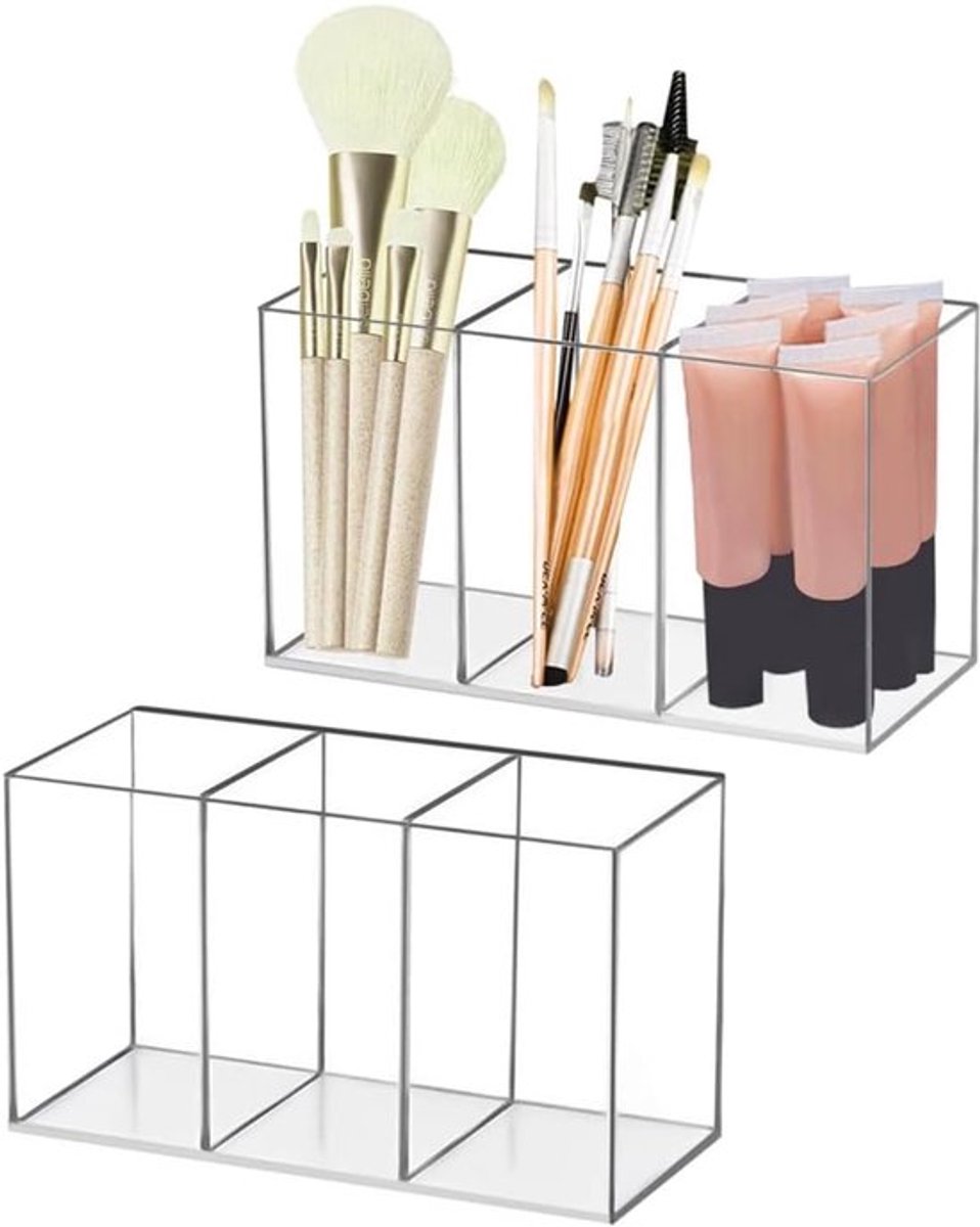 Make-up Opberger - Acryl Kwastenhouder - 3 Compartimenten - Transparante Make-up Tafelopberger - Organizer voor Penselen - Eyeliners - Lippenstift - Make-up Tafel - Accessoires - Opslag