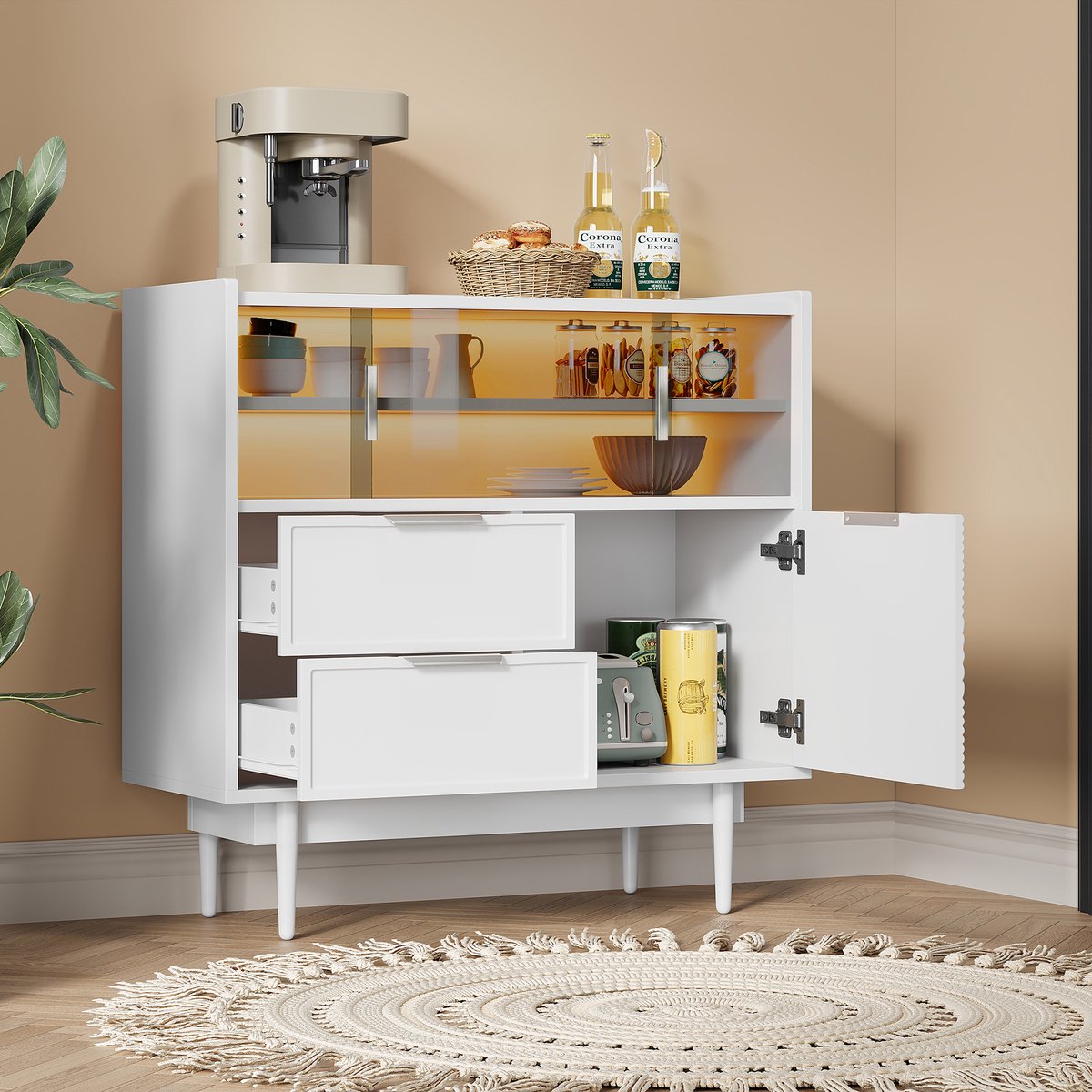 COVREO Dressoir 80 x 35 x 80 cm wit MDF, met glazen schuifdeur en LED