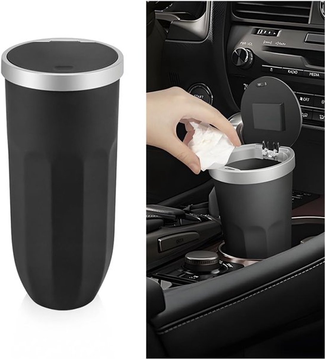 Auto vuilnisemmer - mini-vuilnisemmer met deksel - plastic auto bekerhouder - draagbare auto-afvalemmer - slaapkamer - zwart