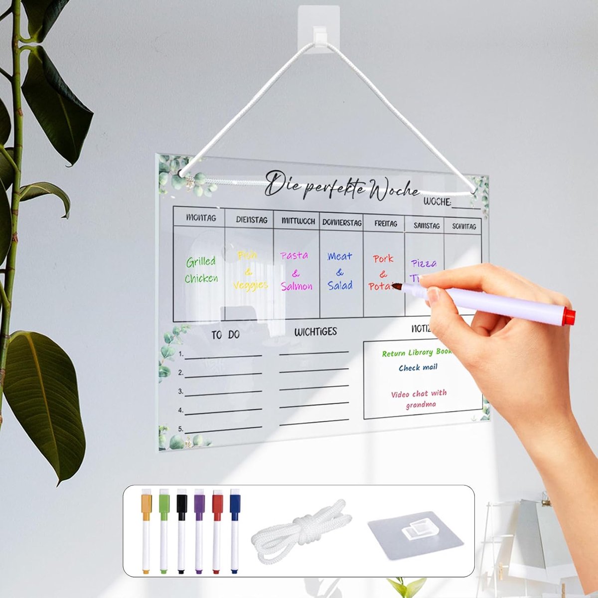 QTTVBTNA – Acryl Weekplanner 30x20cm – Uitwisbaar Planbord voor Huishouden – Whiteboard Memobord met 6 Stiften – To-Do Lijst en Weekoverzicht voor Thuis