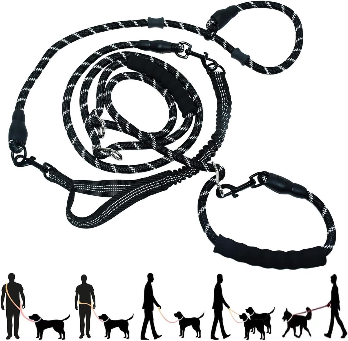 Handsfree Anti-Trek Bungee Hondenriem - Zwart - 4m - Duurzaam Nylon met Reflecterende Stroken - Voor Grote Honden