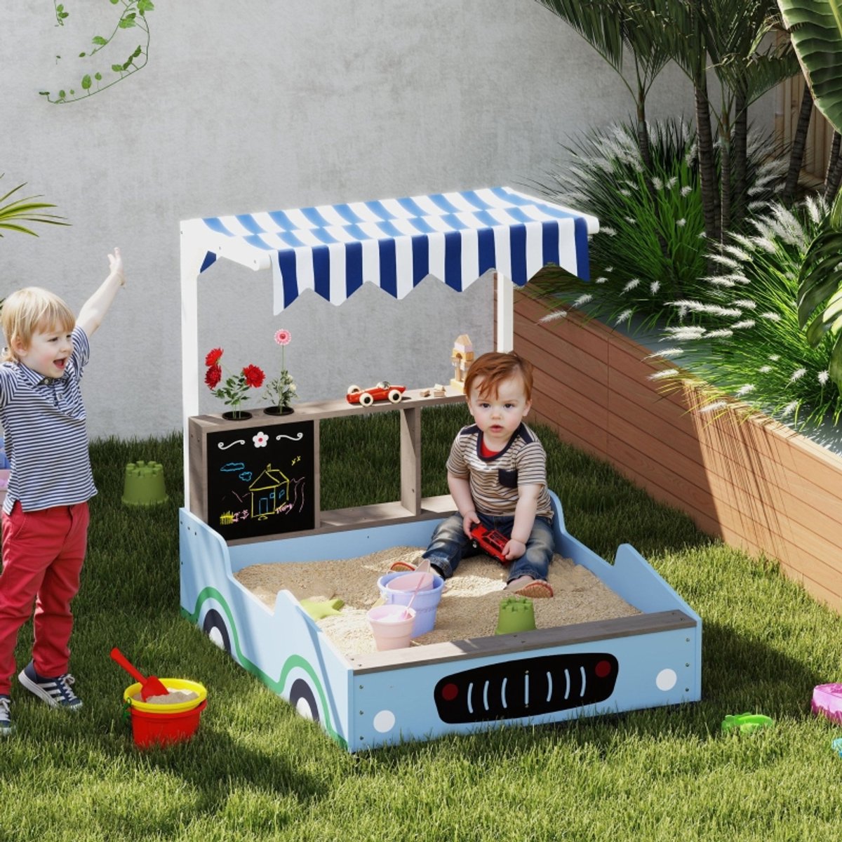 COVREO Zandbak 108 x 90 x 104 cm blauw hout, met dak en zitbank