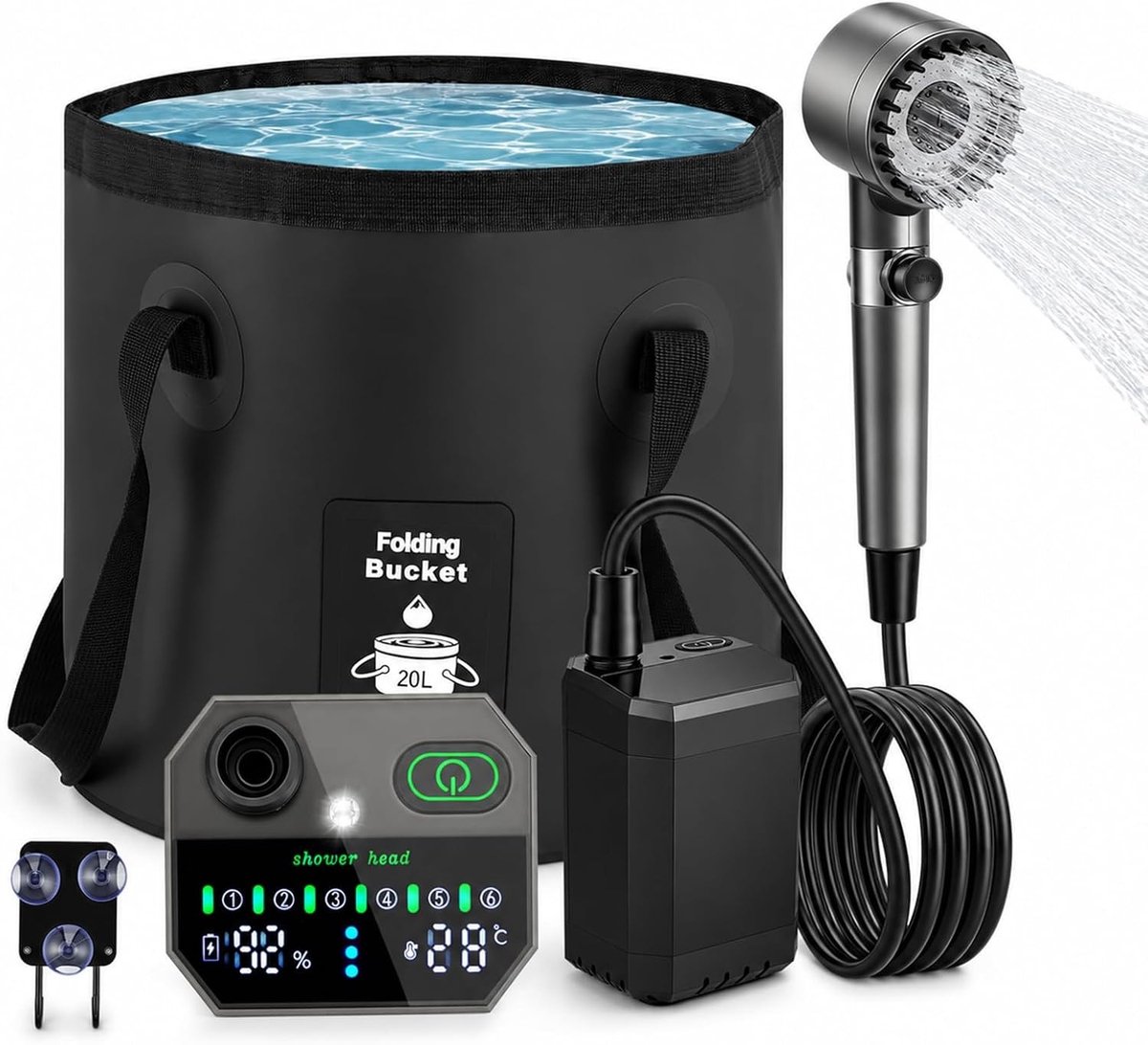 Campingdouche met Pomp - Zwart - 20 Liter - Mobiele Douche met LED-Licht en Temperatuurweergave - Voor Camping en Buiten