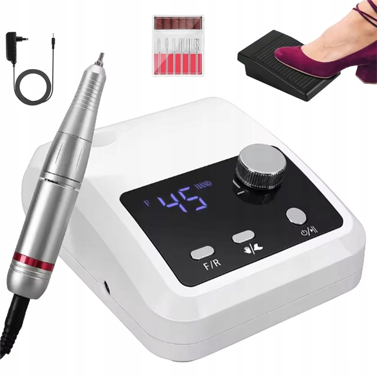 Elektrische Nagelvijl - Nagelfrees - Manicure & Pedicure Set - 0-45000 RPM - LCD - Voetpedaal - 6 Bitjes & 6 Schuurrolletjes - Aluminium Hendel - 220V - Gel en Acryl - Voor Salon en Thuis - Wit