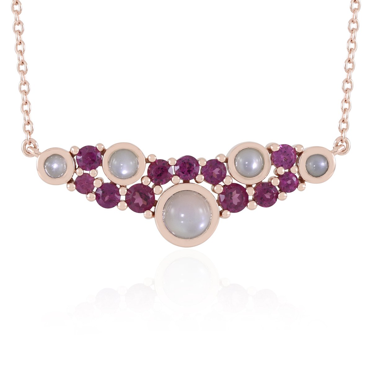 Cavill - Zilveren Ketting Roségoud Verguld met 2,73 Ct Witte Indiase Maansteen en Rhodoliet - Elegante Ronde Cabochon - Dames Sieraad