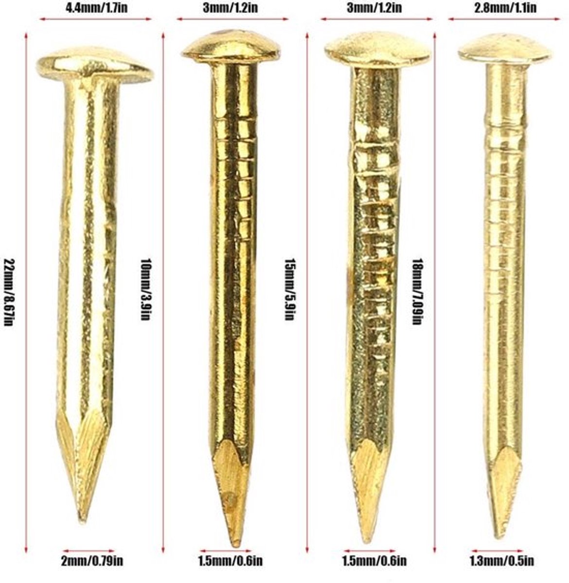 Messing Nagels 100 Stuks - Ronde Kopnagels - Houtbevestiging - Decoratieve Accessoires - DIY Projecten - Diverse Lengtes (10/15/18/22 mm)