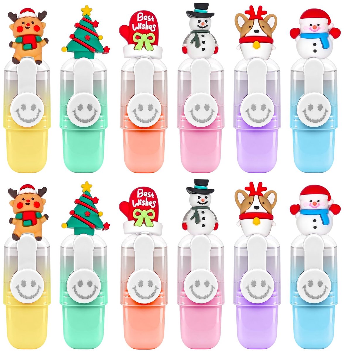 Mini Textmarker Set - 12 Stuks in 6 Pasteltinten met Feestelijke Motieven