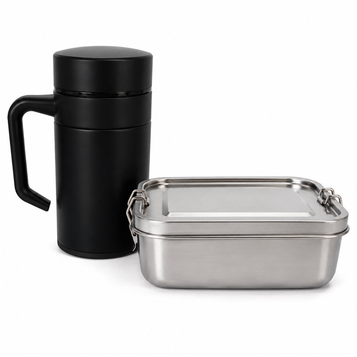 My Green Deal - RVS Lunchbox 850 ml + Zwarte Thermosbeker 400 ml - 304 RVS - Lekvrije Broodtrommel - Dubbelwandige Koffiebeker