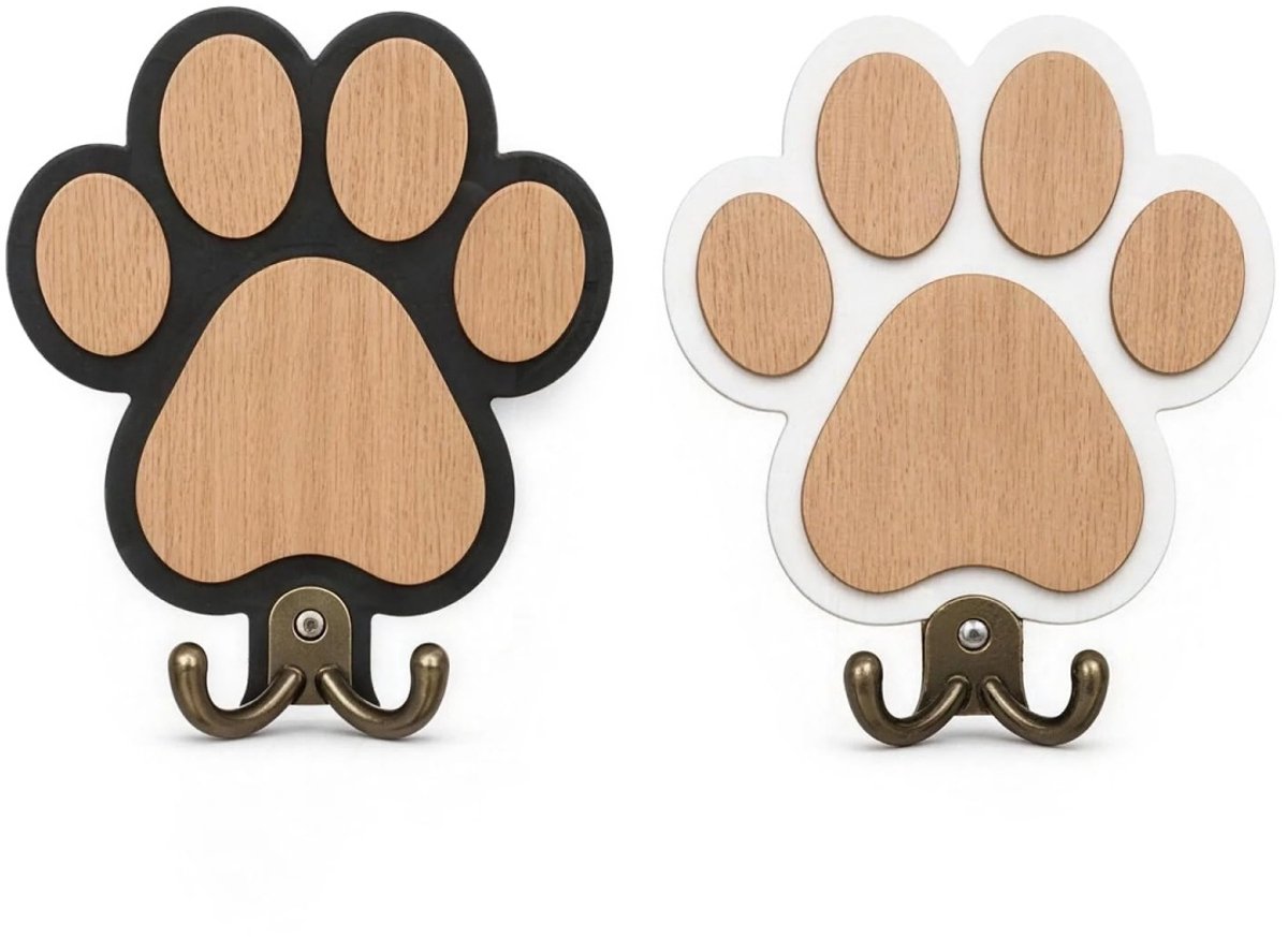 carmdering -Pootvormige Wandhaken 2 Stuks - Houten Wandhaak voor Hondenriem en Halsband - Decoratieve Kapstokhaken voor Sleutels, Sjaals, Hoeden en Tassen - Voor Hal, Slaapkamer, Garage en Entree - Zwart/Wit