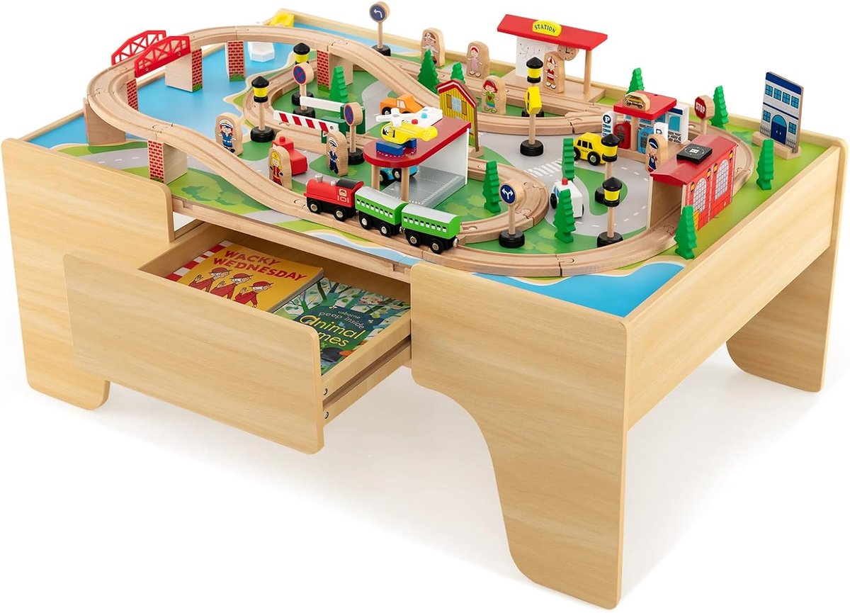 COSTWAY Spoorwegset voor kinderen, 84-delig, speeltafel van hout met omkeerbaar en afneembaar tafelblad en lade, houten spoorbaan, treinspeelgoed voor kinderen vanaf 3 jaar