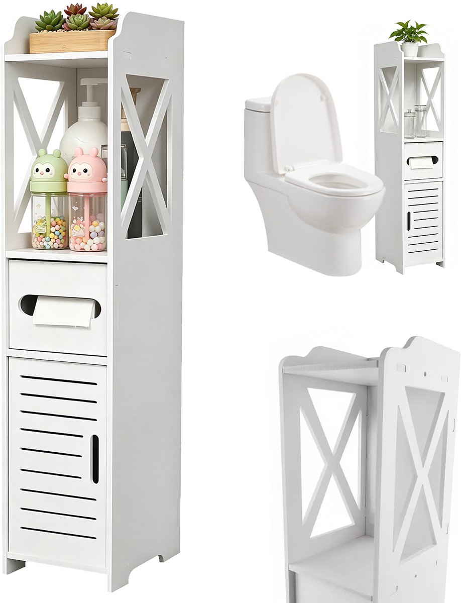 Badkamerkast Smal - Badkamerkastje Hoog - Vrijstaande Kolomkast - 80x15x15,5 cm - PVC - Waterdicht & Vochtbestendig - 3 Lagen - Toiletartikelen - Ruimtebesparende Opbergkast - Voor Smalle Ruimtes