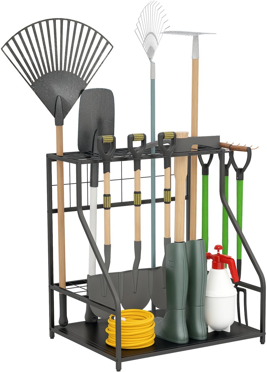 Opbergrek voor tuingereedschap – 3 lagen – 84 x 53 x 73 cm – stevig en duurzaam – geschikt voor in de tuin – oranje