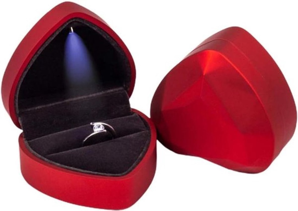 Hartvormige Ring Geschenkdoos met LED-licht - Fluwelen Oorbellen Sieradendoosje - Verlovingsringdoosjes voorstel Bruiloft - Valentijnsdag Verjaardag Kerstmis - Rood