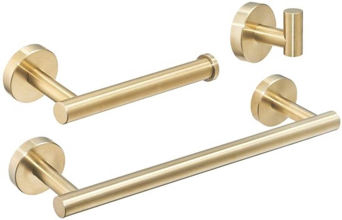 Badkameraccessoires Set - Geborsteld Goud - Roestvrij Staal - Wandmontage - Handdoekhouder - Toiletrolhouder - Inclusief Haak - Badkamer Set