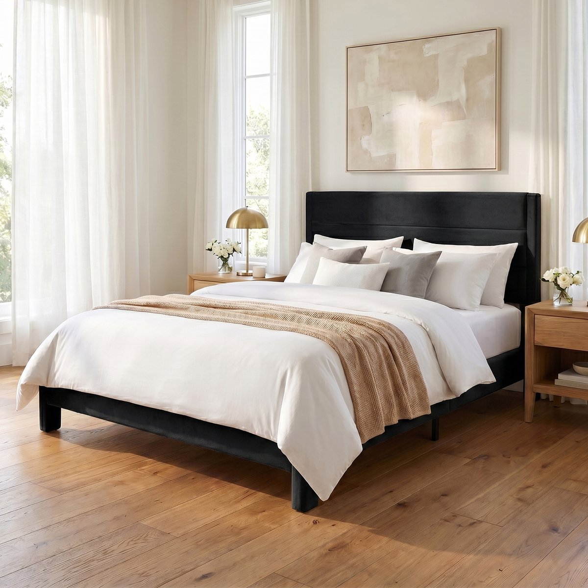 KUTAS 2 Persoons Bed 140 x 190 cm - Gestoffeerd Bedframe - Houten Lattenbodem - Metalen Frame - 500 kg Draagvermogen - Zwart