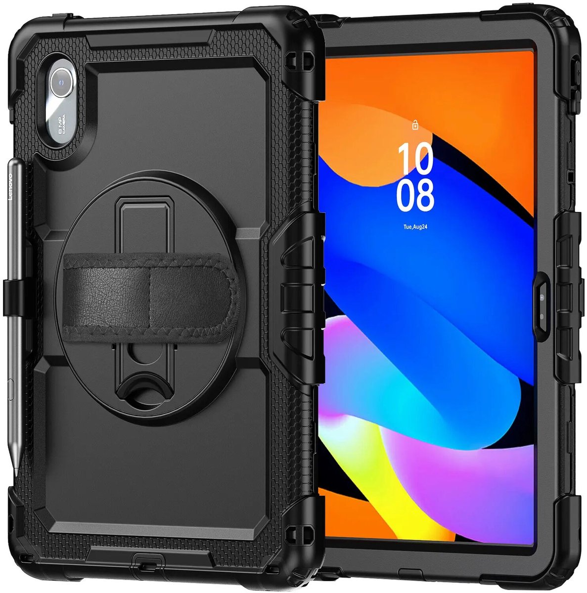 Hoes met ingebouwde Screenprotector Geschikt voor Lenovo Idea Tab / K11 Gen 2 | Inclusief 360° Draaibare Handriem en Schouderriem | Extreme bescherming | Ideaal voor zakelijk gebruik | Zwart