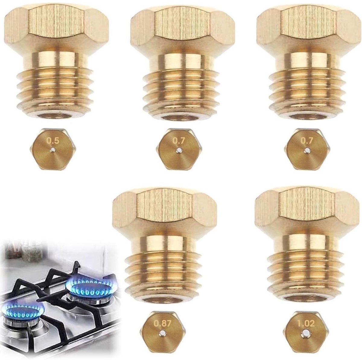 SSTRWGOOD 5 Stuks Gaskranen Set - Universele Gaskoppen voor Butaan en Propaan - 1x0,5 2x0,7 1x0,87 1x1,02 - Snel Vervangbaar Zonder Gereedschap - Geschikt voor Kookplaten en Branders - Roestvrijstaal en Messing