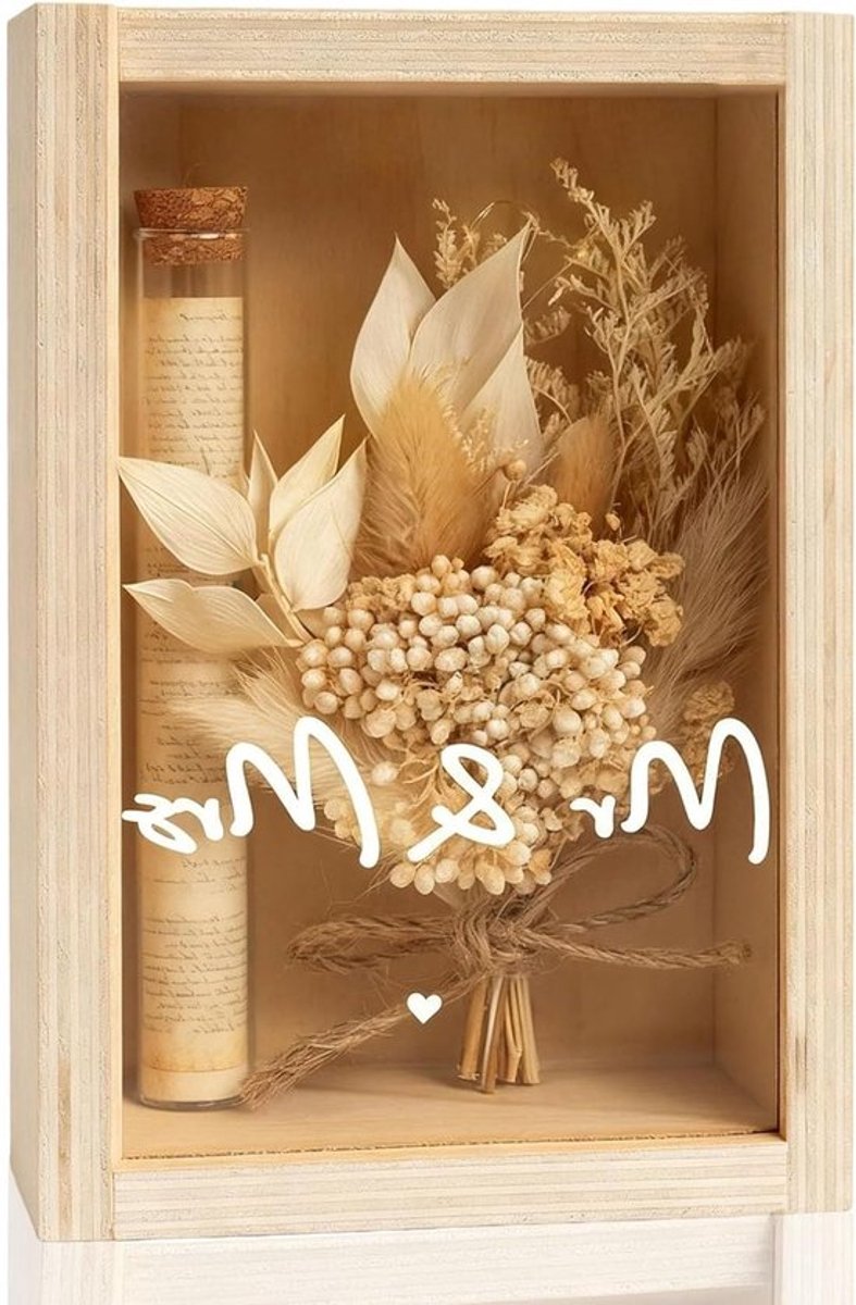 Huwelijkscadeaus voor bruidspaar, unieke houten doos met droogbloemen en reageerbuisje voor geldgeschenken, perfect als verjaardagscadeau en huwelijkscadeau