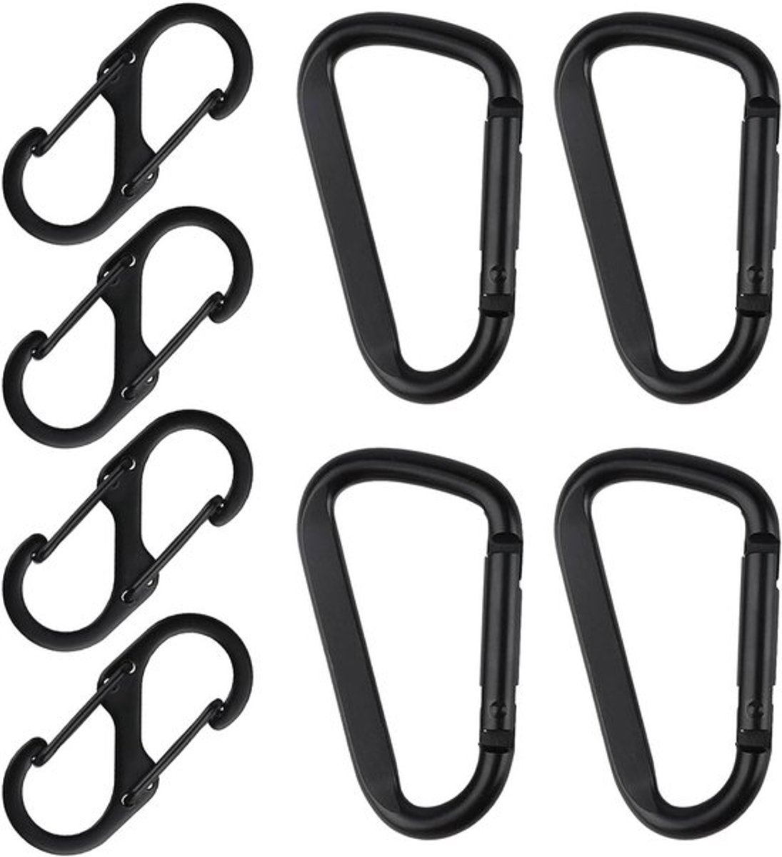 Set van 8 karabiners, inclusief 4 D-vormige en 4 S-vormige karabiners, aluminium haken voor kamperen en wandelen, stevig en lichtgewicht.