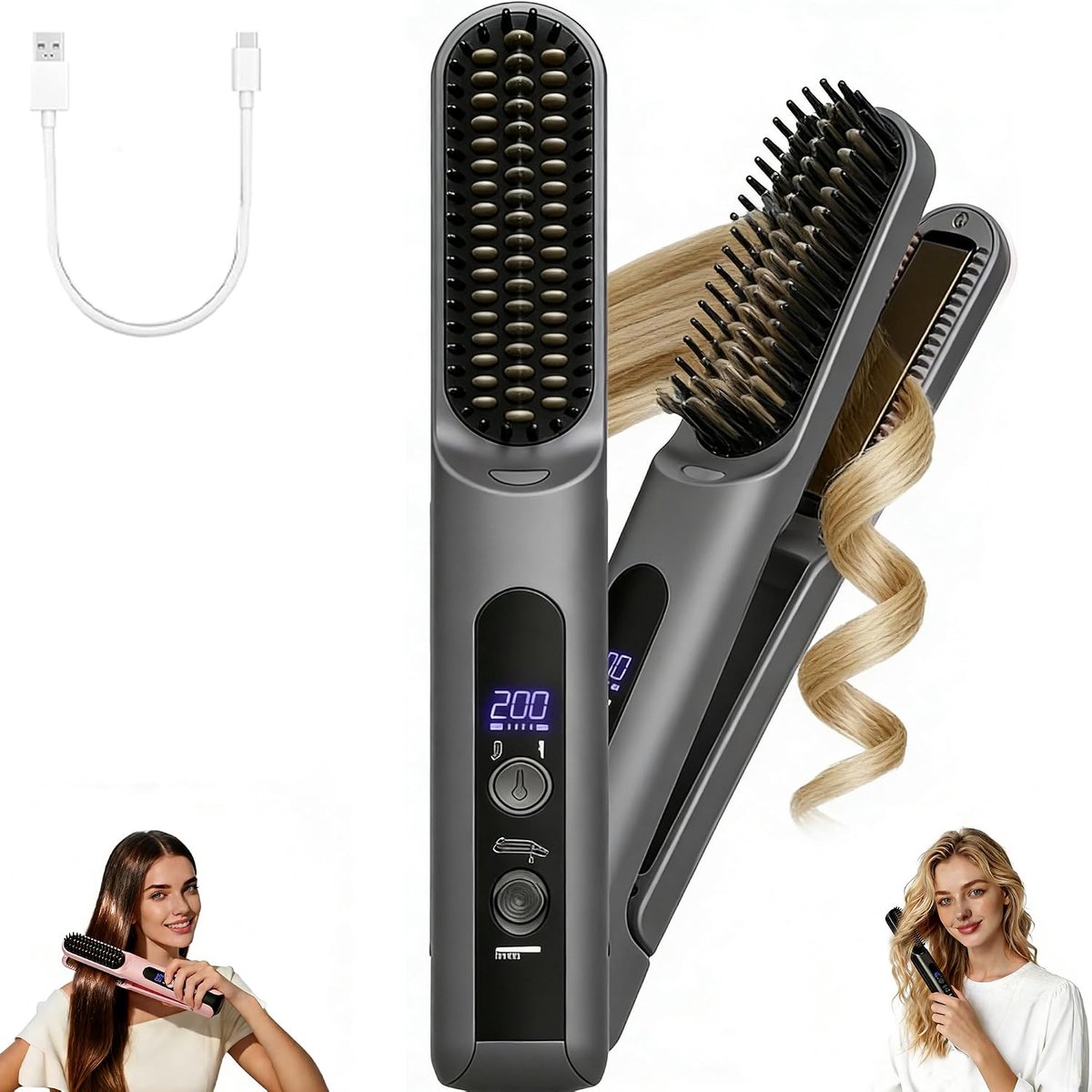 Bobypet - Draadloze Stijltang Borstel - 4 Warmtestanden - 2-in-1 Haarstyler en Krultang - Oplaadbare Reis Stijlkam - Keramische Coating - Draagbaar Design voor Onderweg - Zwart