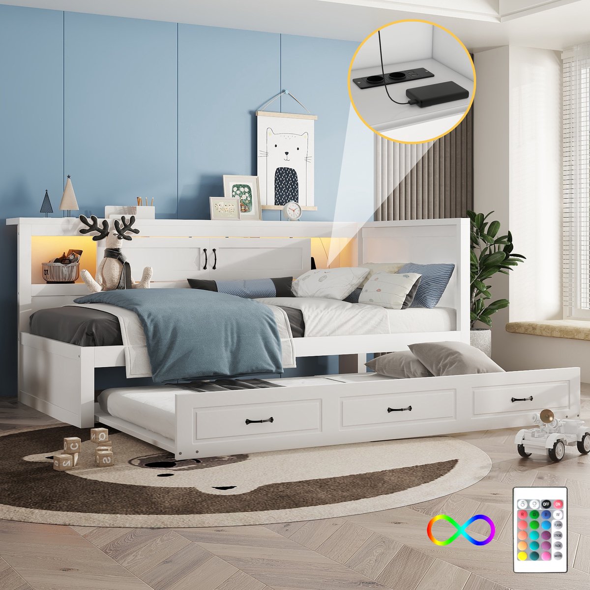 Dagbed 90x200 cm - Met LED-Verlichting - Met Opbergruimte - Uittrekbaar - Wit
