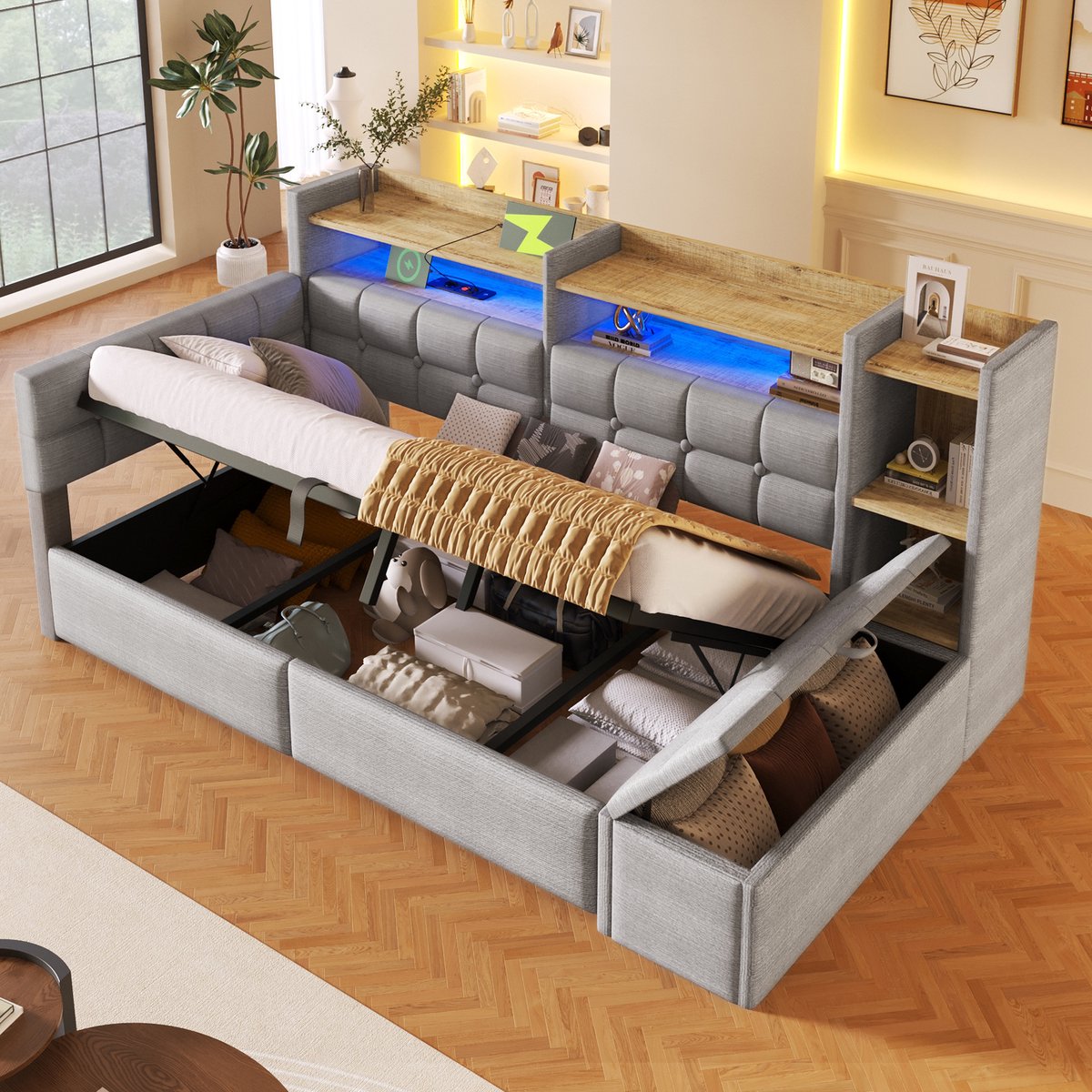 Dagbed 90x200 cm - Met LED-Verlichting - Met Opbergruimte - Met USB-Oplaadpunt - Grijs