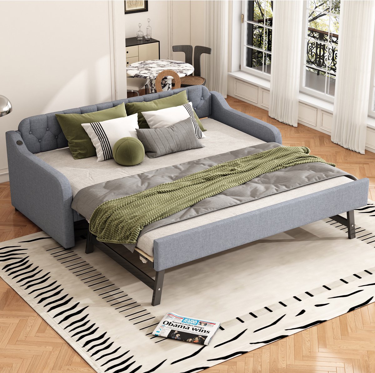 Dagbed 90x200 cm - Uittrekbaar - Met USB-Oplaadpunt - Sprookjesdesign - Grijs