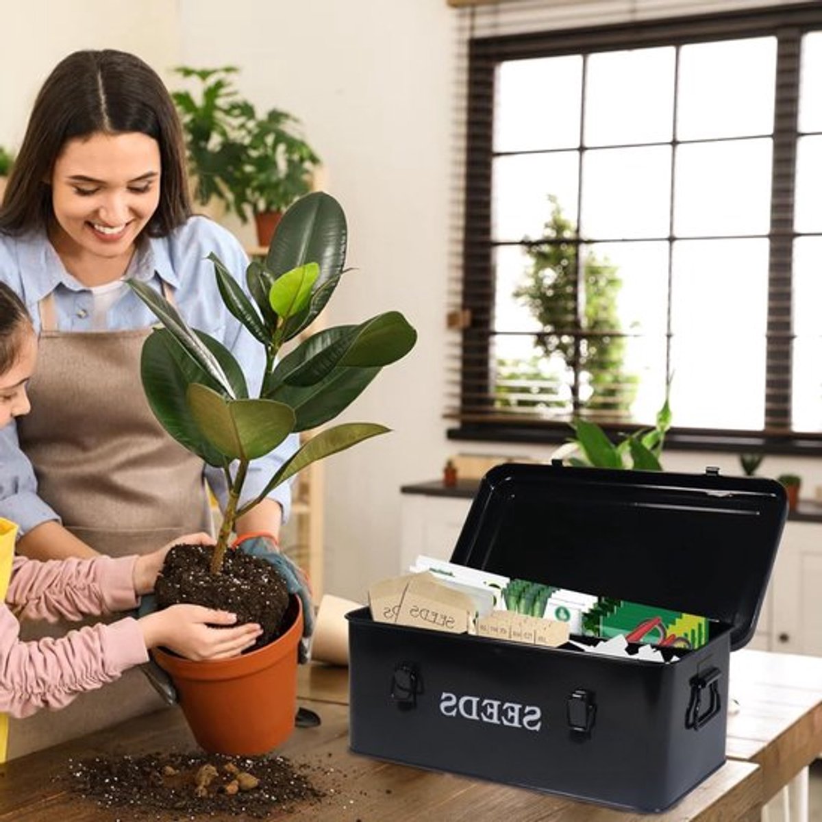 Zaadopslag voor groenten met veiligheidsvergrendeling, 4 compartimenten, metalen zaaddoos voor tuinaccessoires, 33×18×13 cm, perfect cadeau voor tuinliefhebbers